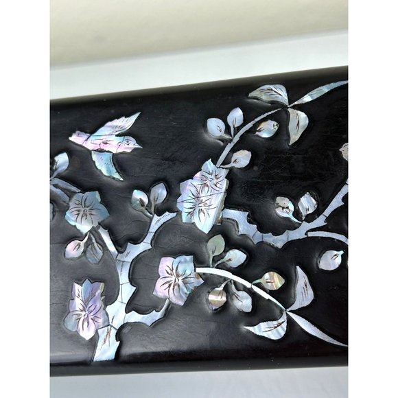 Vintage Oriental Black Lacquer Iridescent Mother Pearl Inlay Lidded Trinket Box - Picture 6 of 16